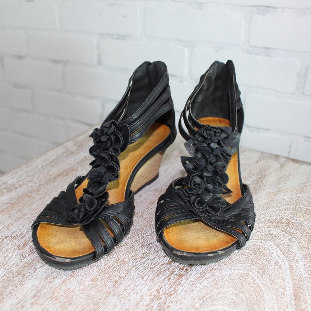 Black Wedge Sandals zipper & floral embellishment
